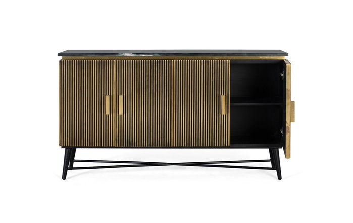 Buffet 4 portes en bois de manguier avec plateau en marbre et finition bronze, 150x40x86 cm - Meuble de rangement élégant